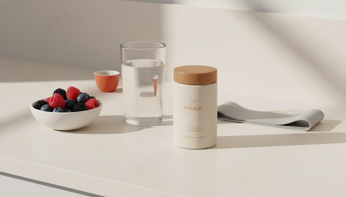 Minimalist kitchen counter with Tonum Motus supplement container beside berries, water, and an exercise band suggesting daily habits to improve glucose metabolism.