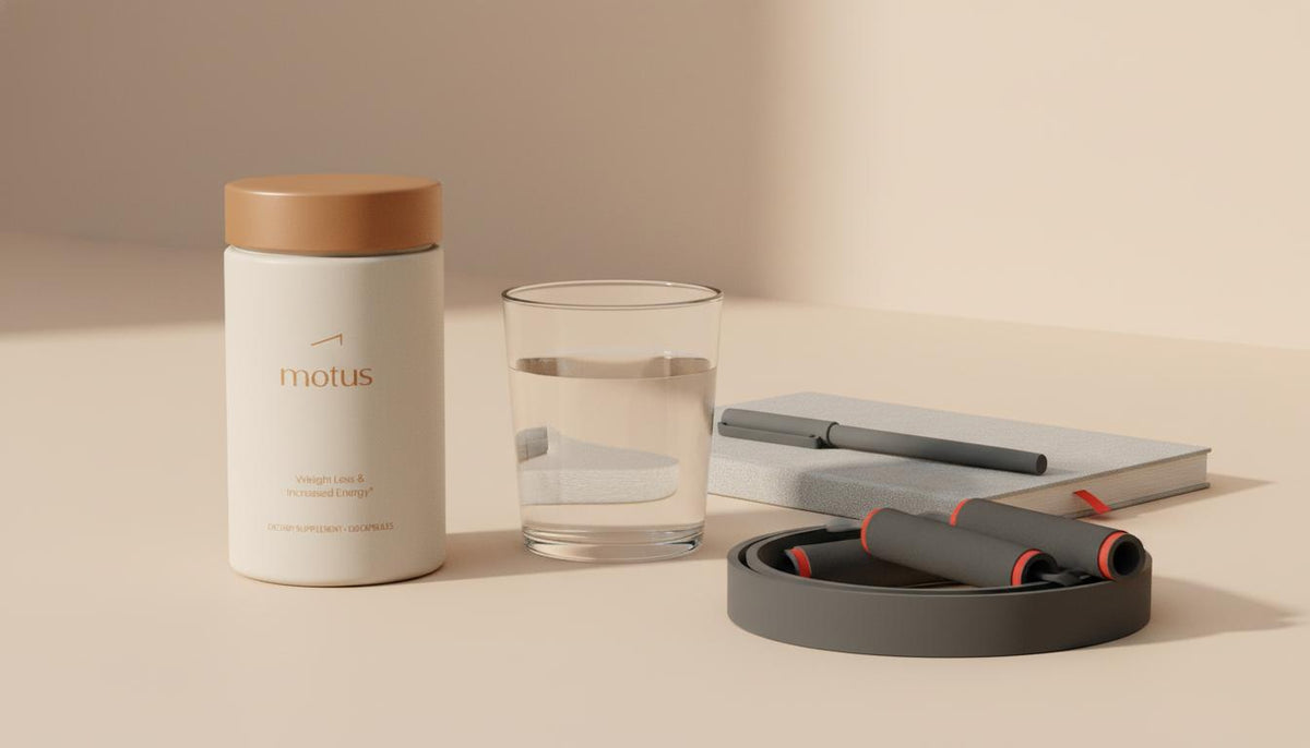 Minimalist still life of Tonum Motus container beside a glass of water, notebook and resistance bands on a warm beige background to improve insulin sensitivity
