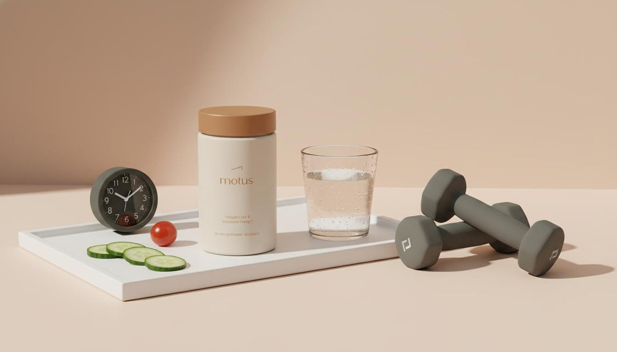 Minimalist still-life of Tonum Motus container on a white tray with glass of water, clock, fresh vegetables and dumbbells to improve insulin sensitivity.
