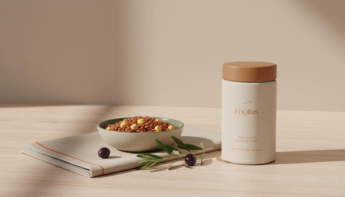 Minimalist still-life of Tonum Motus supplement beside a bowl of legumes, olive branch and beige napkin on a light wood counter to improve insulin sensitivity