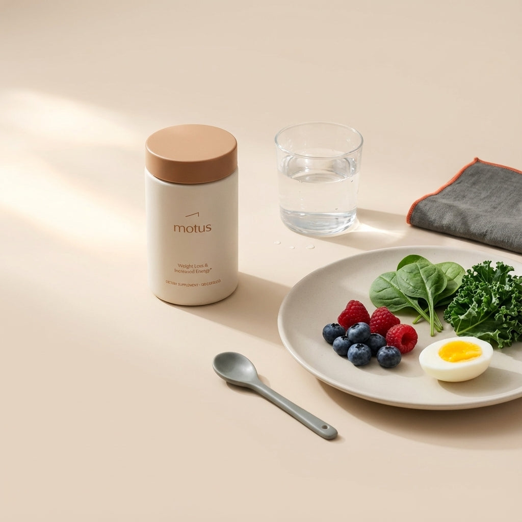 Minimal flat-lay of Tonum Motus container beside berries, leafy greens, halved boiled egg and glass of water on beige background to increase AMPK levels naturally