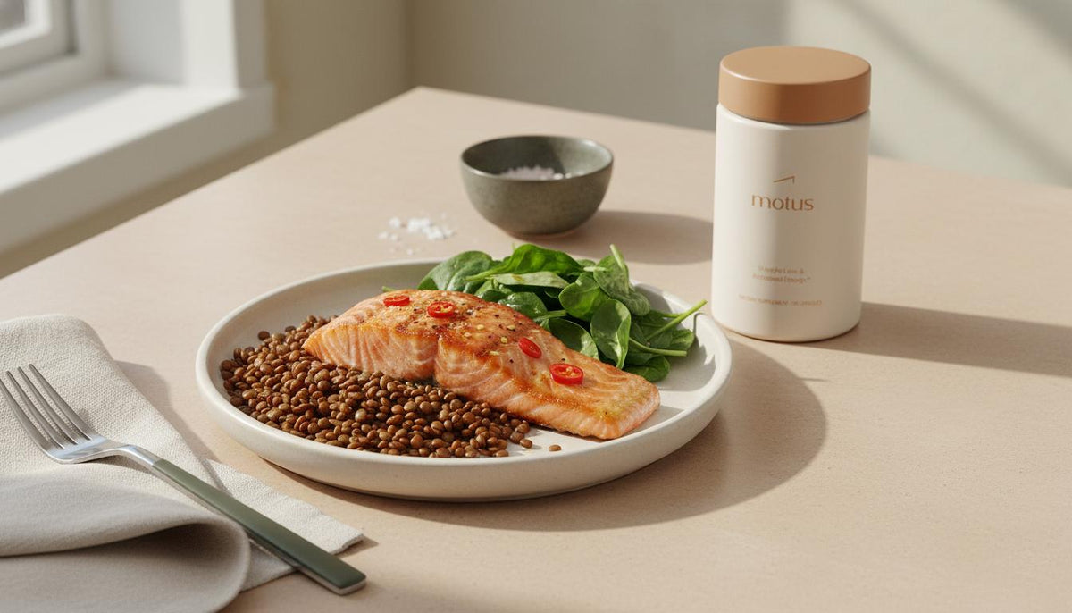 Minimalist kitchen counter with grilled salmon, legumes and leafy greens beside the Tonum Motus bottle, illustrating how to increase GLP-1 naturally.