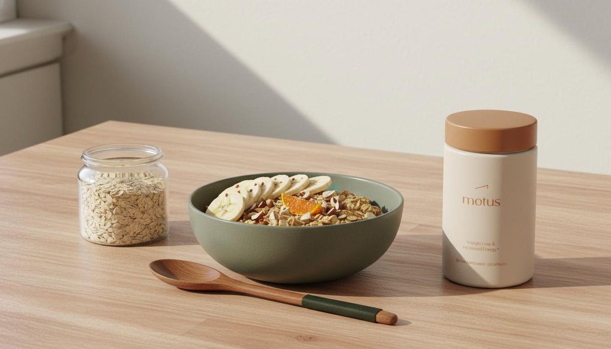 Minimalist close-up of savory oats with banana and toasted nuts, a small jar of oats and a Motus supplement container on a wooden table to increase GLP-1 naturally.
