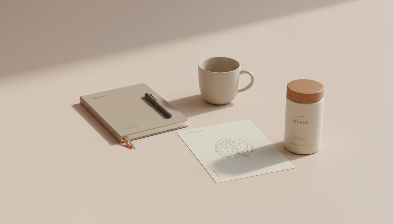 Minimalist still life on beige background with notebook, ceramic cup, sketched brain on paper and Tonum supplement container to increase memory retention