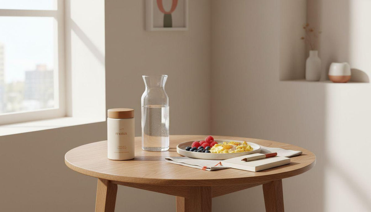 Minimal morning kitchen scene with Motus supplement jar on a wooden table beside a glass carafe, plate of eggs and berries, and a notebook, clean Tonum styling to increase metabolic rate fast