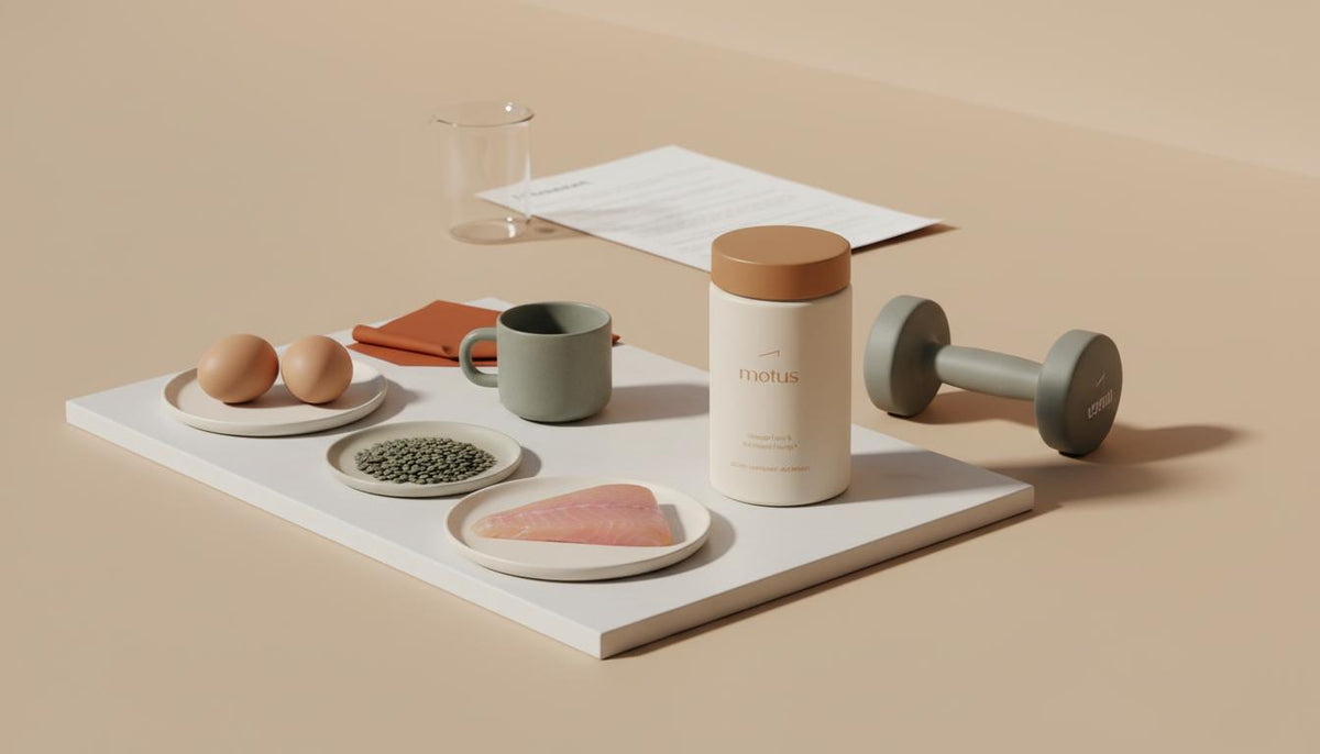 Minimalist tabletop with Tonum Motus container, protein foods, coffee cup and dumbbell on beige background, evoking evidence-based wellness to increase metabolic rate fast