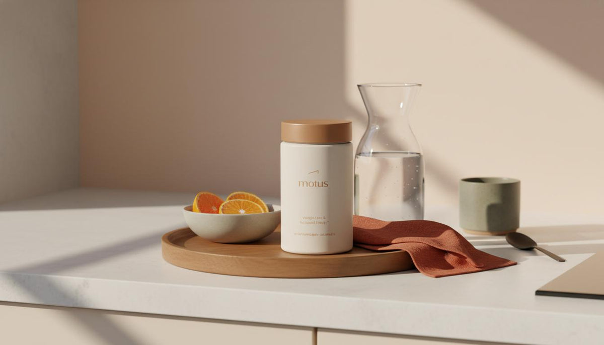 Minimalist morning scene with Tonum Motus supplement by a glass carafe and citrus, illustrating ways to increase metabolic rate and boost morning energy