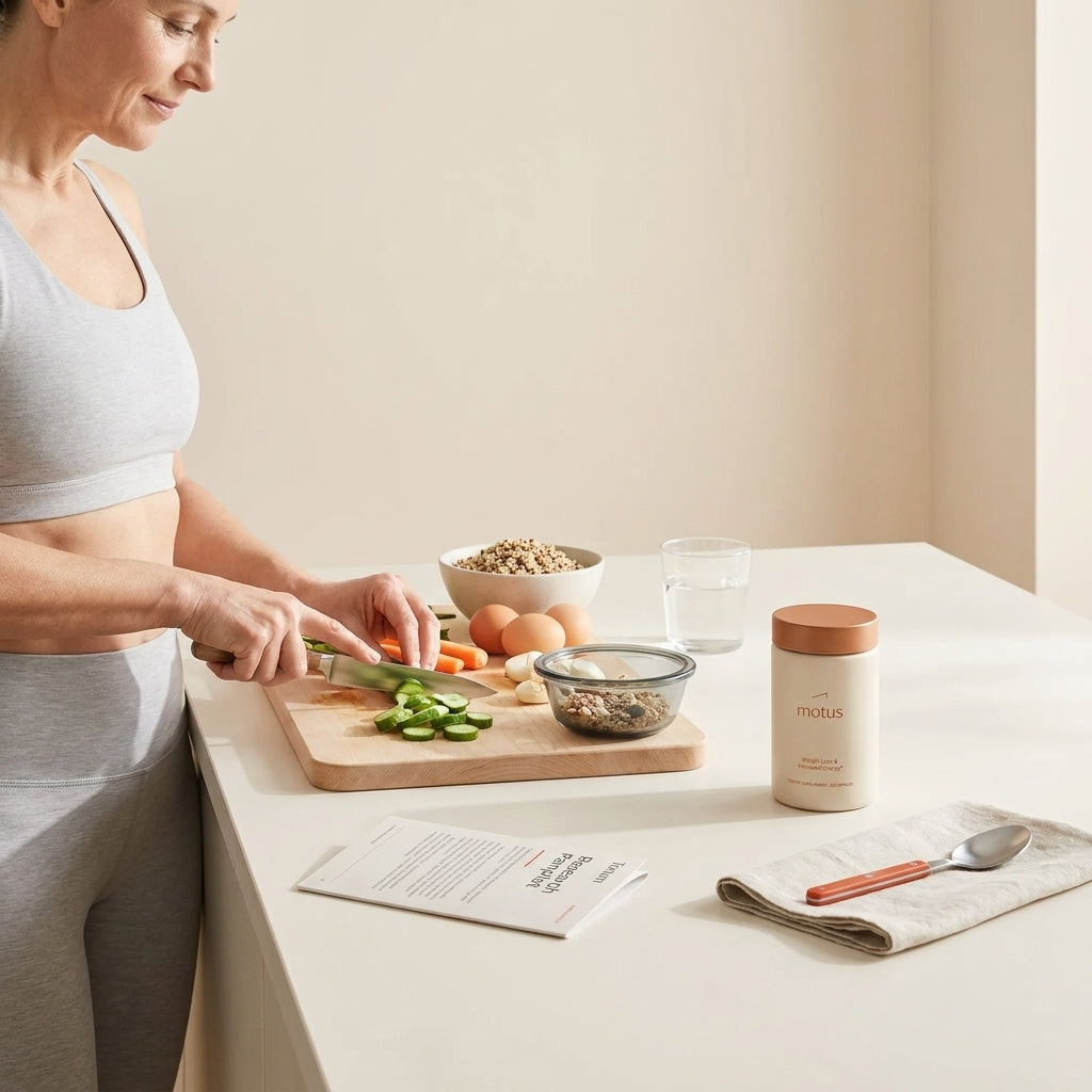 Middle-aged person preparing a protein-rich meal in a bright minimalist kitchen with a Tonum supplement container and research card, promoting habits to increase metabolism at 40.