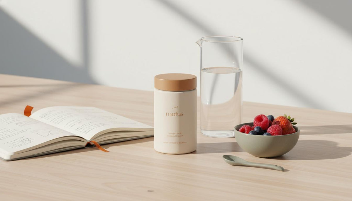 Minimal morning kitchen scene with Tonum Motus jar beside a water carafe, bowl of berries and open notebook, calm tones to increase metabolism for fat loss