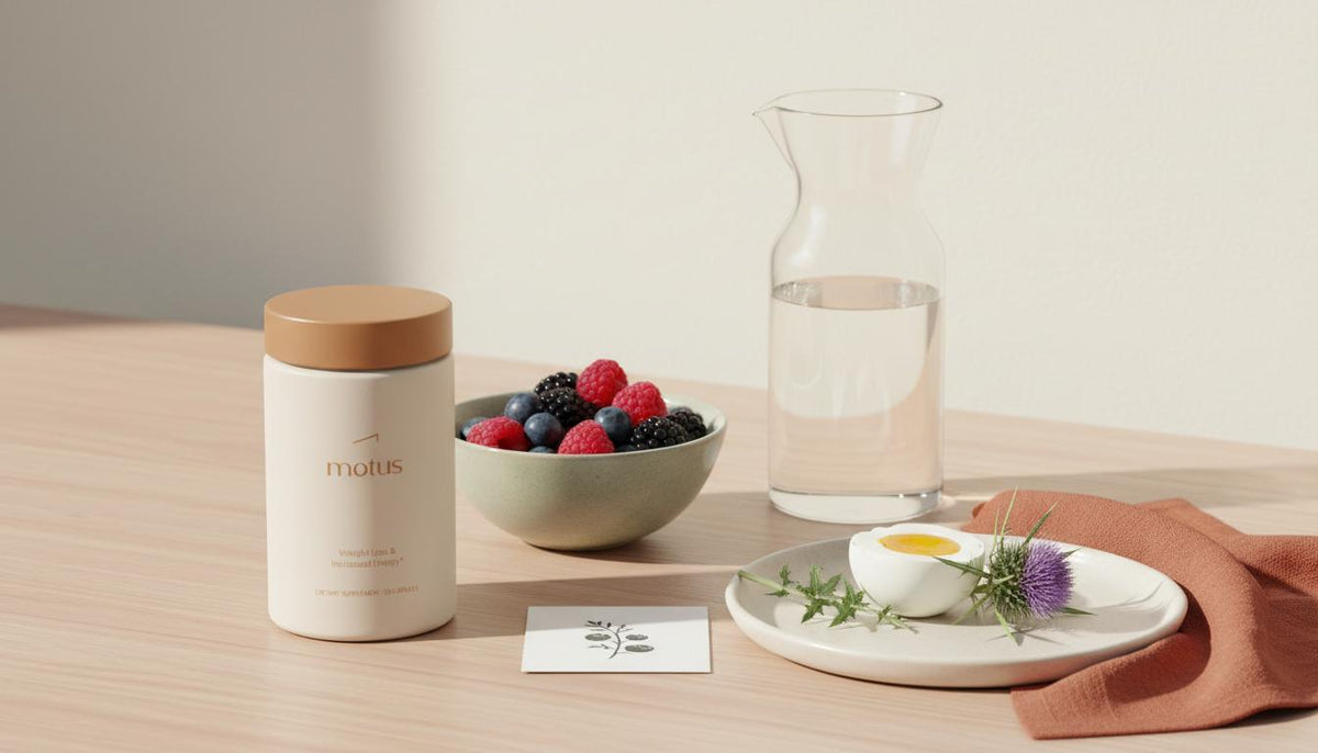 Minimalist wooden table with Tonum Motus jar next to mixed berries, water carafe, egg and milk thistle, conveying a calm healthy routine to increase my metabolism fast.