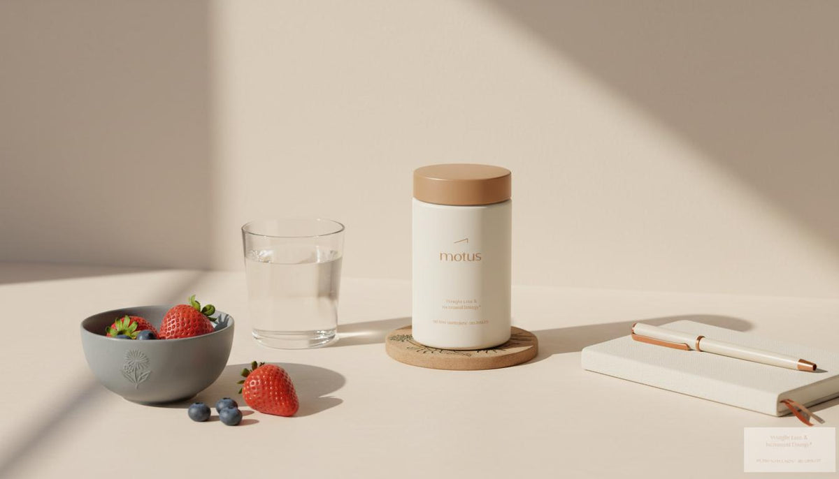 Minimalist sunlit kitchen counter with Motus supplement jar, bowl of berries, glass of water and notebook — lifestyle image to increase my metabolism.