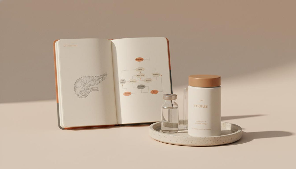 Close-up still life of a tray with a notebook showing a pancreas and insulin pathway schematic, glass vial with pipette, and a Tonum supplement container, insulin study scene