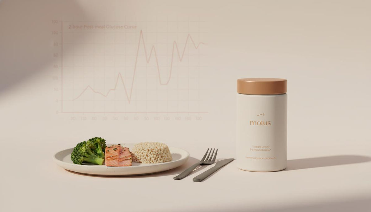 Minimalist flat-lay of a balanced meal on a ceramic plate with a Tonum Motus container and a subtle two-hour post-meal glucose curve on a soft beige #F2E5D5 background, insulin resistance causes