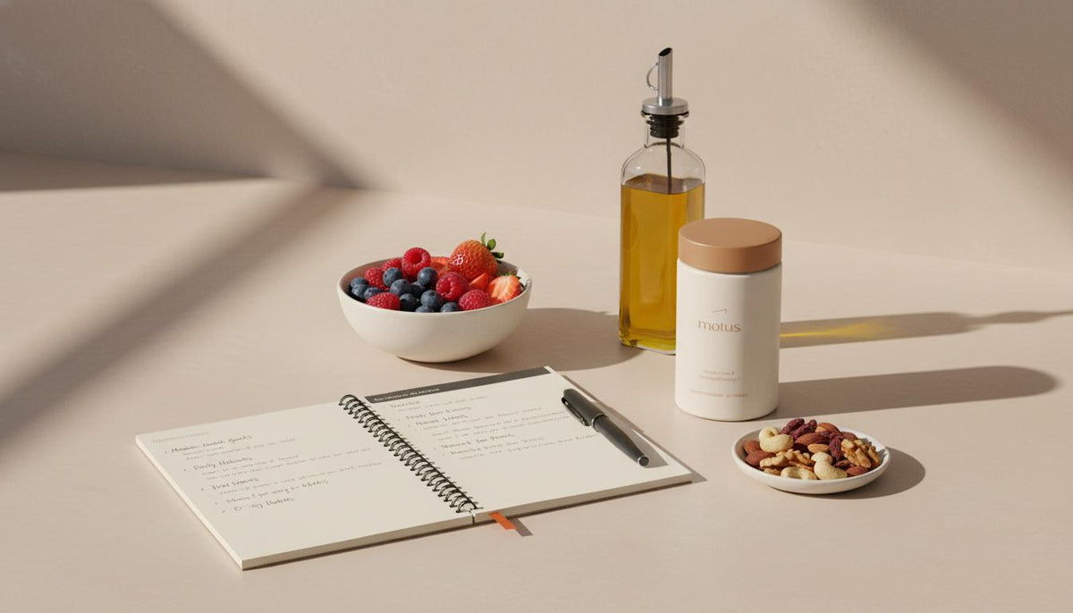 Minimalist kitchen counter with mixed berries, nuts, olive oil and a Tonum Motus supplement container beside a scientific notebook, illustrating insulin sensitivity support.