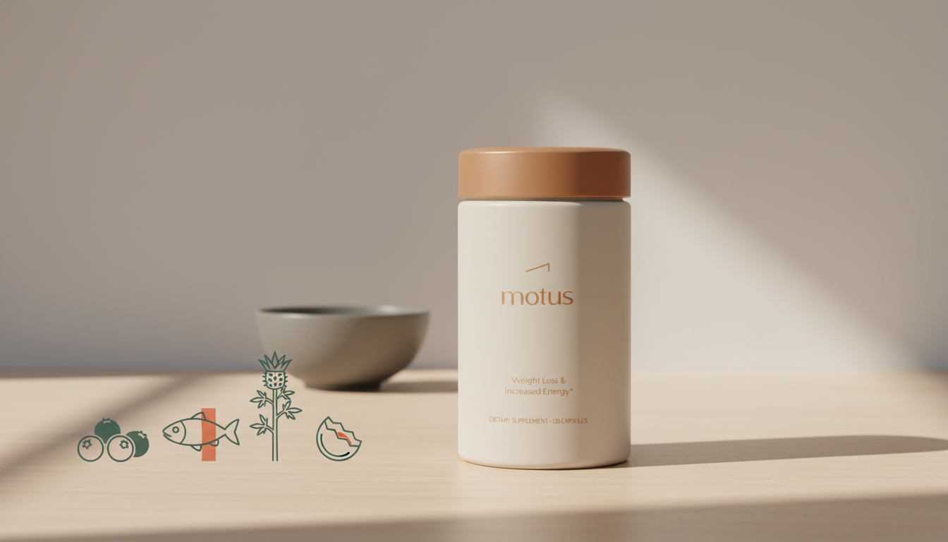 Minimalist kitchen counter with Tonum icons and Motus bottle; is 100 grams of protein enough to lose weight — calm, research-led nutrition scene on beige #F2E5D5 background.