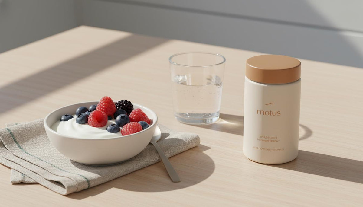 Minimalist breakfast scene with Tonum Motus container beside Greek yogurt topped with berries on a light wooden table, conveying nutrition and the question: is 100g of protein enough to lose weight