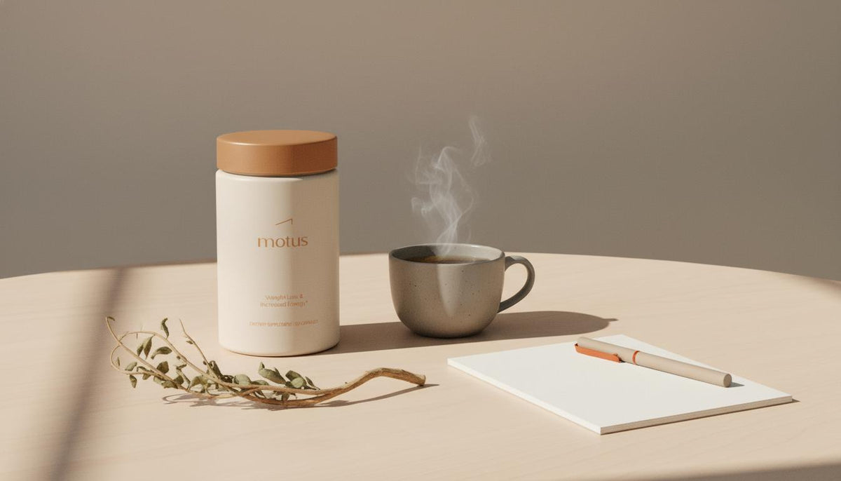 Minimalist still life of Tonum ashwagandha supplement bottle with chamomile tea, notepad, and dried root on a beige tabletop — is ashwagandha a nootropic context