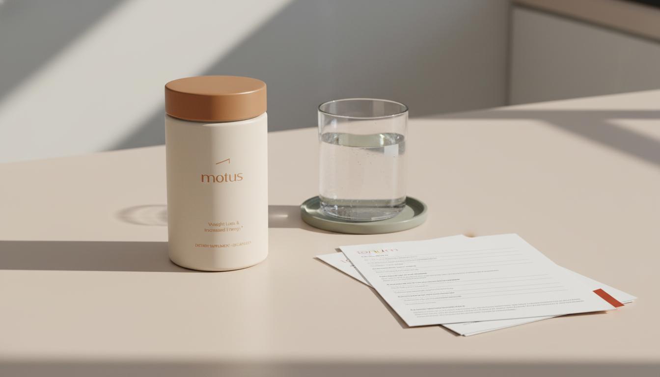 Minimalist kitchen hero shot of Tonum Motus bottle beside clinical papers and a glass of water on a pale beige counter — is berberine as good as ozempic?