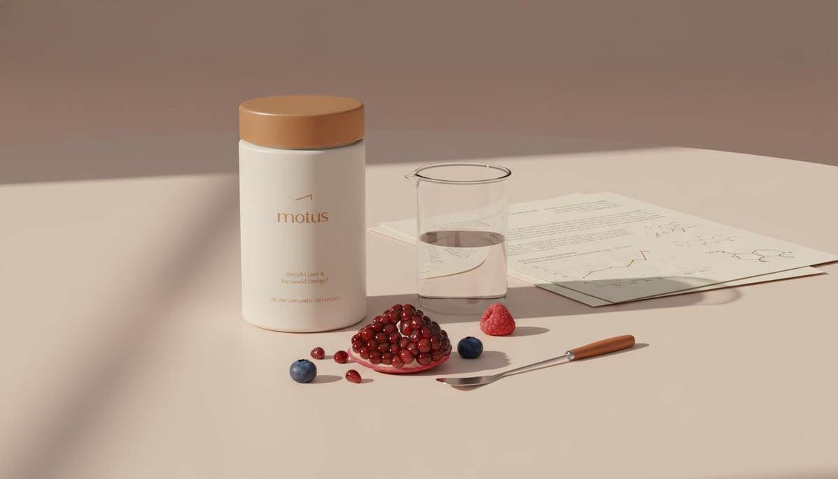 Minimalist Tonum product photo with pomegranate seeds, mixed berries, clear lab beaker and research papers on #F2E5D5 background — Is CoQ10 better than urolithin A