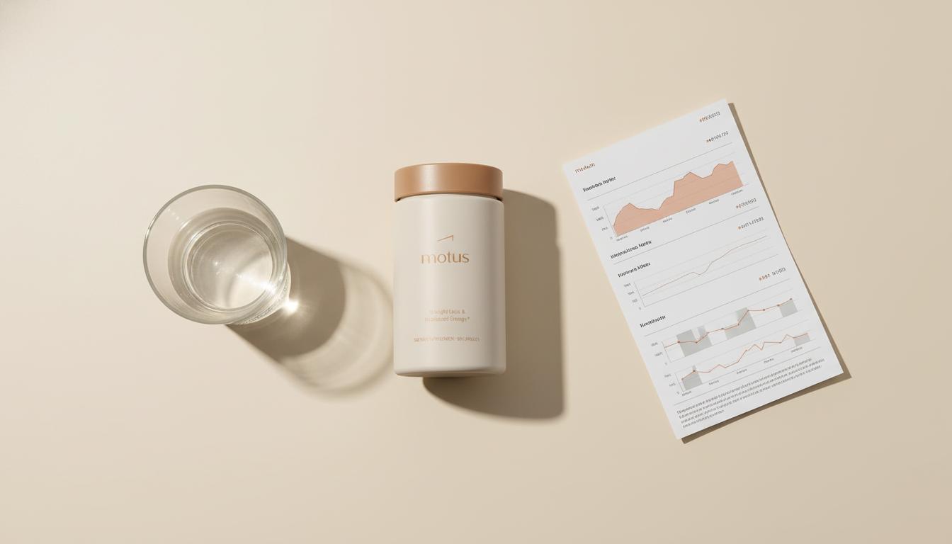 Is garcinia cambogia safe for kidneys? Minimal Tonum-style flat-lay of the Motus supplement jar, glass of water and folded lab printout on beige #F2E5D5 background, clinical-warm.