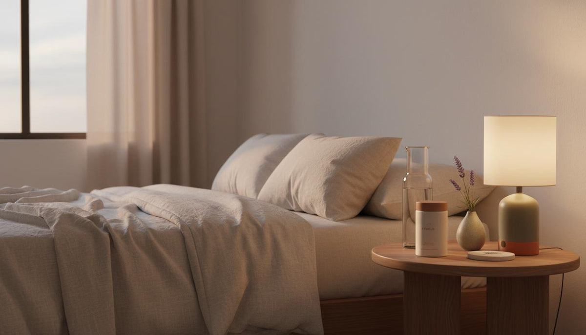 Minimalist bedside scene with Tonum Motus jar and glass carafe on a round wooden table in a calm bedroom at dusk — Is it better to get lipo or Ozempic?