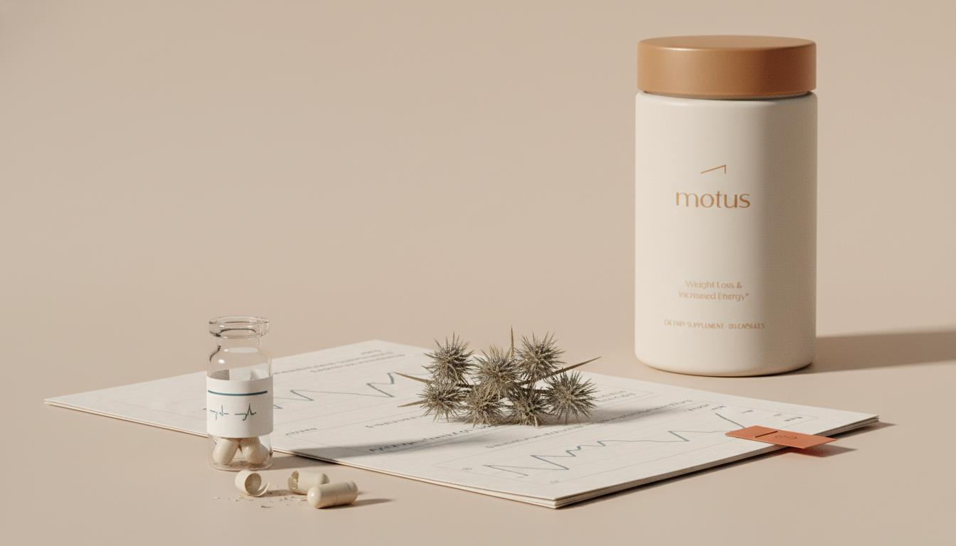 Minimalist still-life of milk thistle seeds, Tonum Motus bottle (from reference), vial of capsule fragments and folded research paper on beige background — is milk thistle good for your liver