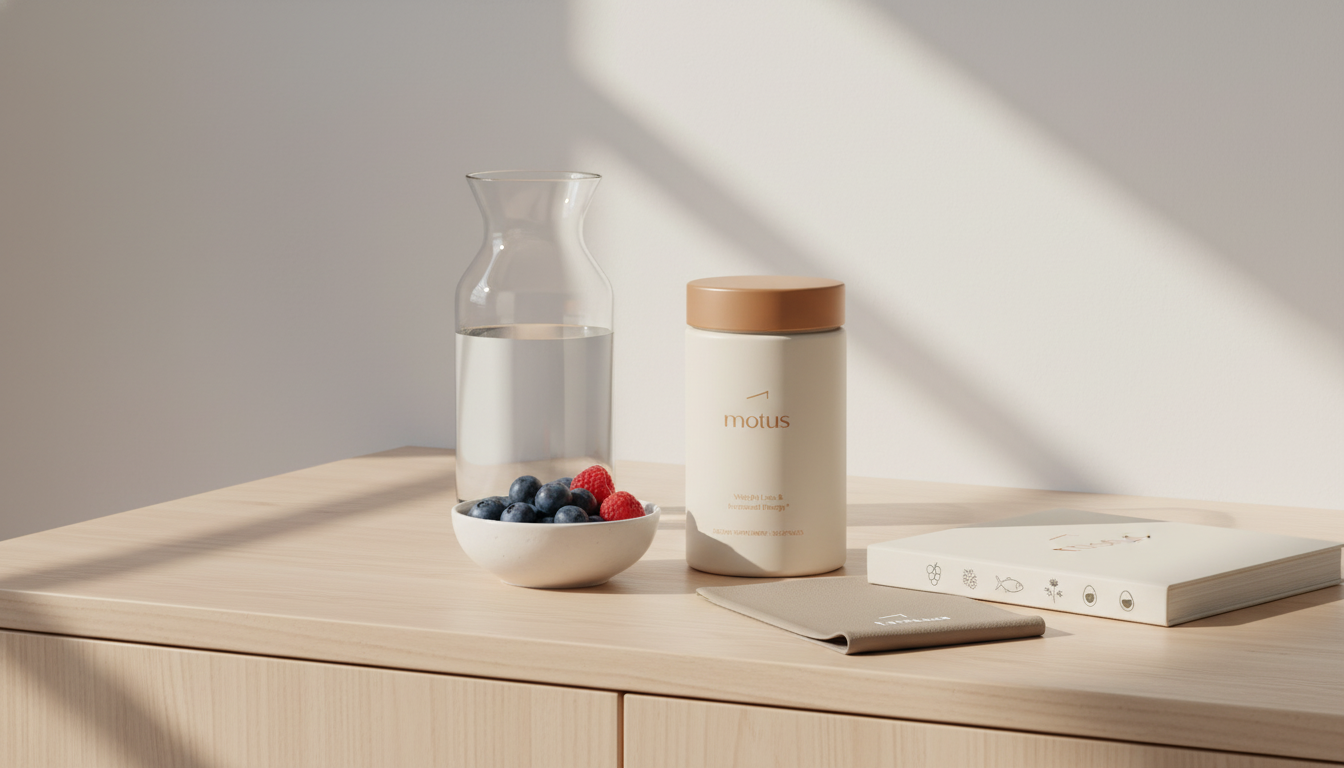 Is Zepbound FDA approved for anything other than weight loss? Minimal photoreal kitchen scene with Tonum supplement jar, berries, glass carafe and closed research journal in Tonum palette.