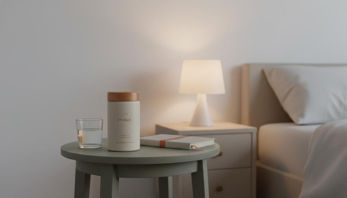 Minimalist bedside table with Tonum Motus supplement jar, glass of water and notebook under warm dusk light, conveying restful evening ritual to help keep losing weight after stopping Ozempic