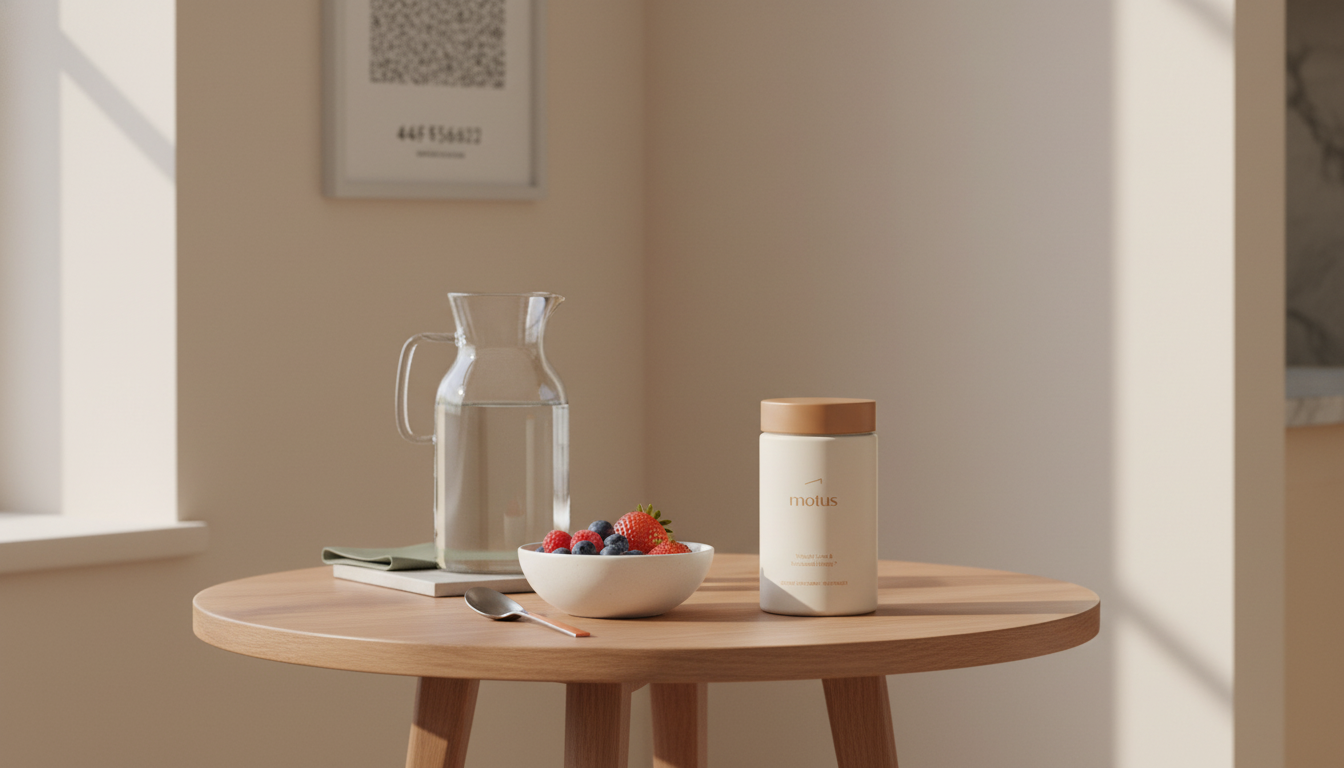 Minimalist lifestyle photo of Tonum Motus jar beside a carafe of water and bowl of mixed berries on a wooden table in a warm beige nook — Kelly Clarkson weight loss