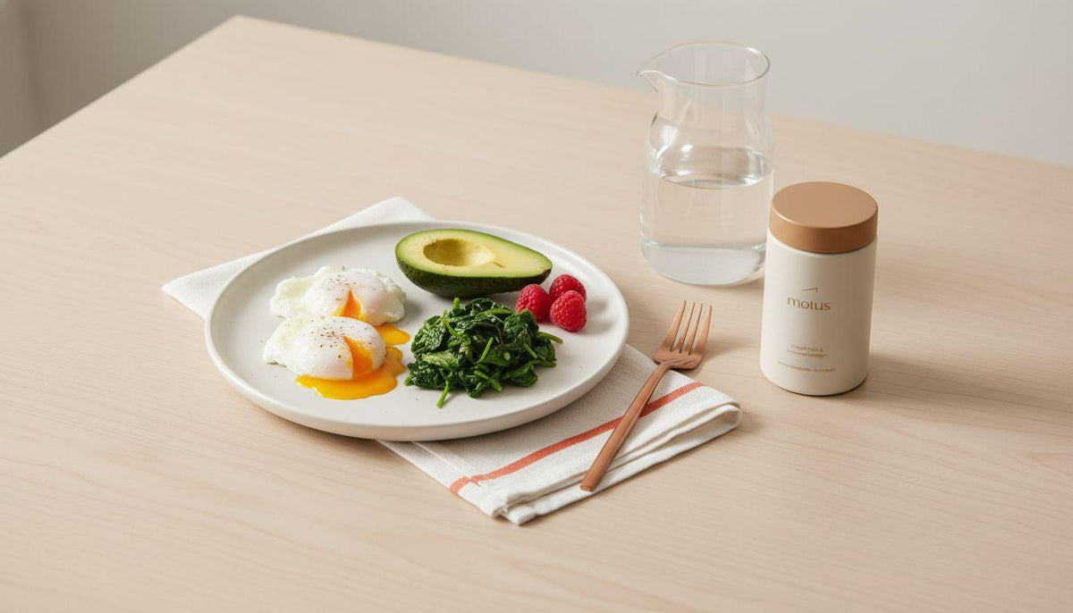 Minimalist kitchen table with a pale wood plate holding a keto breakfast of two eggs, half avocado, sautéed spinach and raspberries, a glass carafe of water and a Tonum Motus supplement bottle in soft morning light