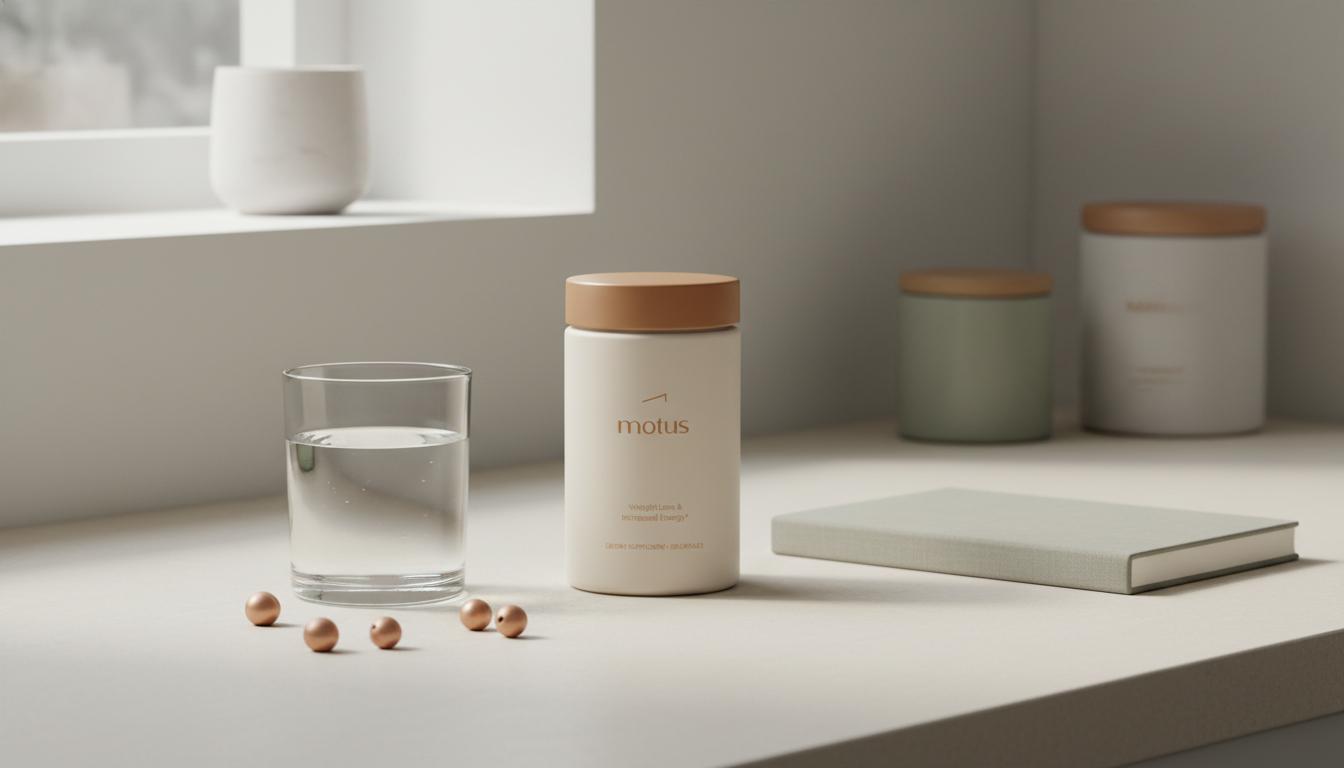 Minimalist kitchen counter scene with Tonum Motus supplement jar beside water and berries illustrating keto pills effectiveness and daily wellness.