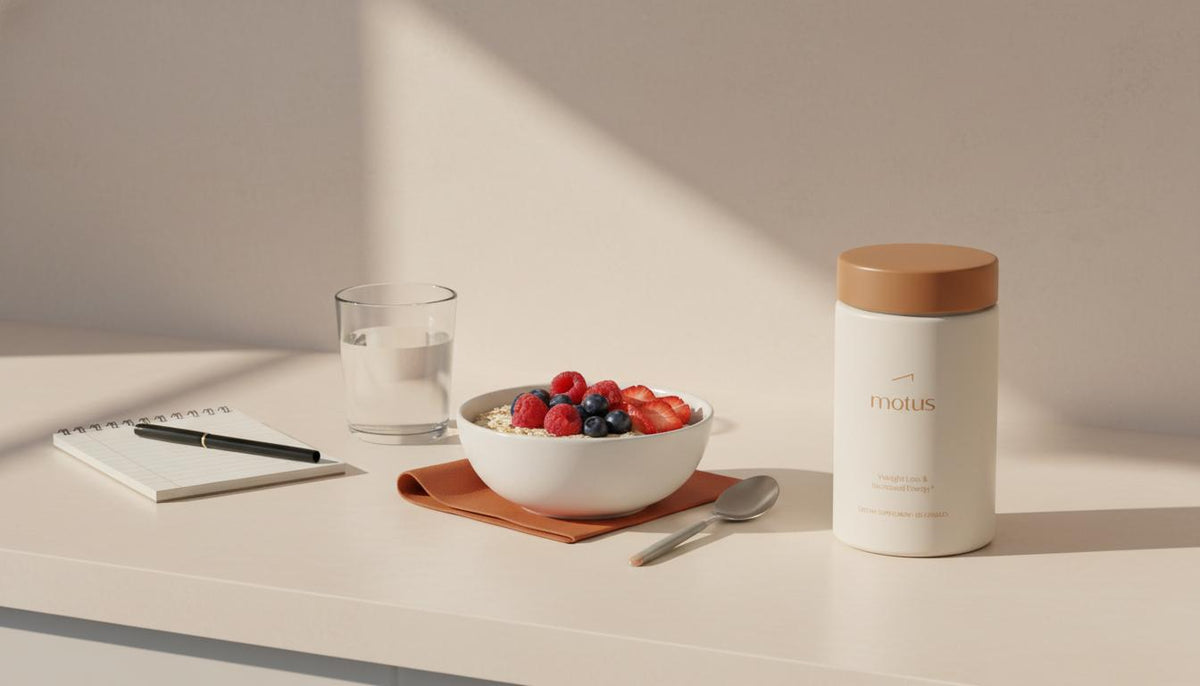 Minimalist kitchen counter with Tonum Motus supplement beside a glass of water, bowl of oats with berries and a notebook — L-carnitine fat oxidation