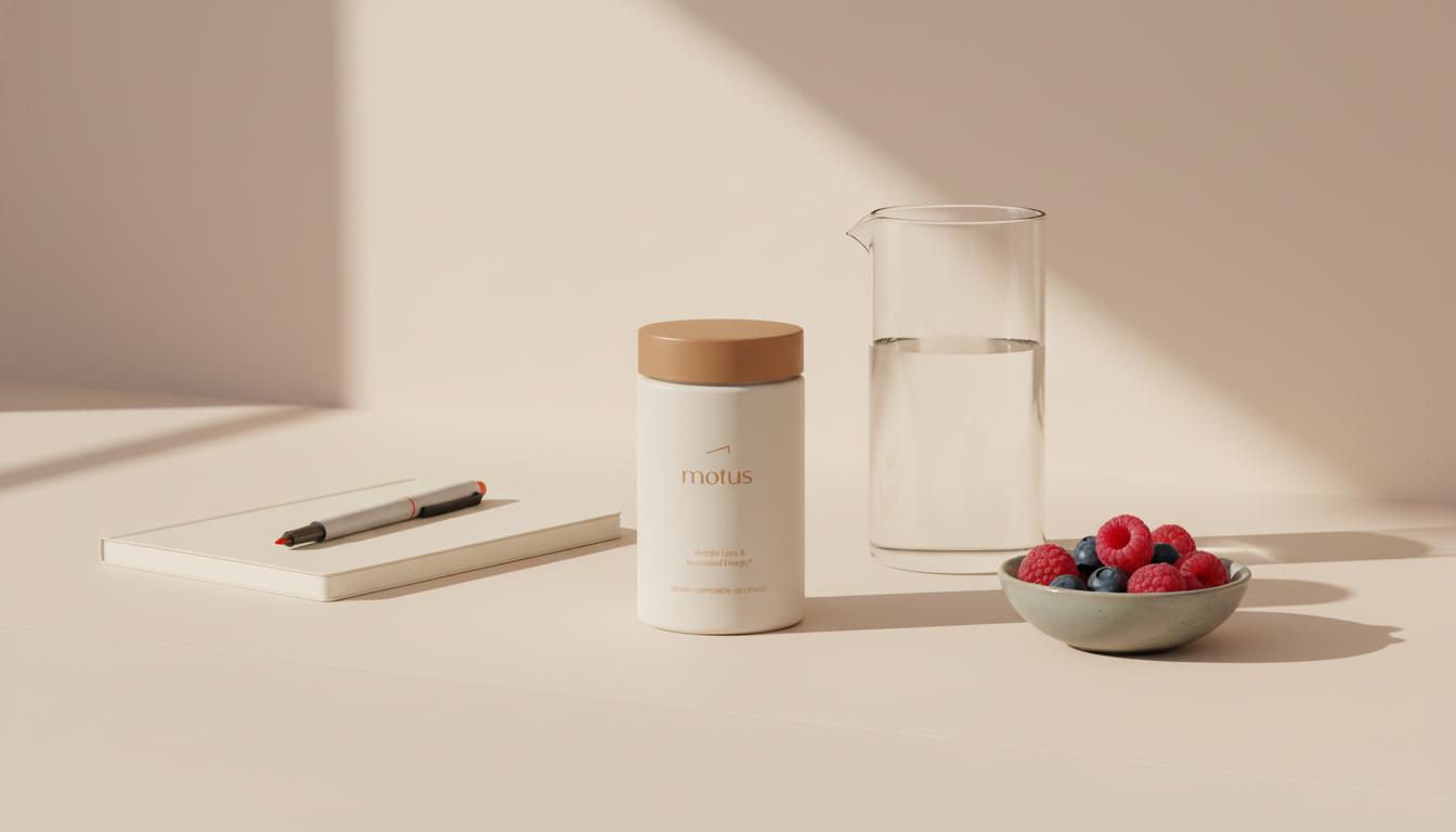 Minimalist kitchen counter with Tonum Motus jar for l-carnitine next to a glass carafe, small bowl of berries and a notebook on a soft cream background