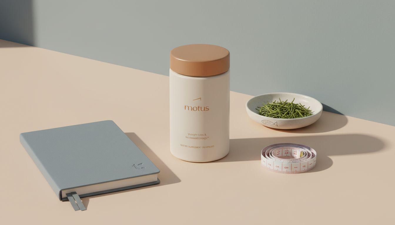 Minimal tabletop photo of Tonum Motus supplement with measuring tape, dish of green tea leaves and closed sleep journal on beige background — l-theanine belly fat