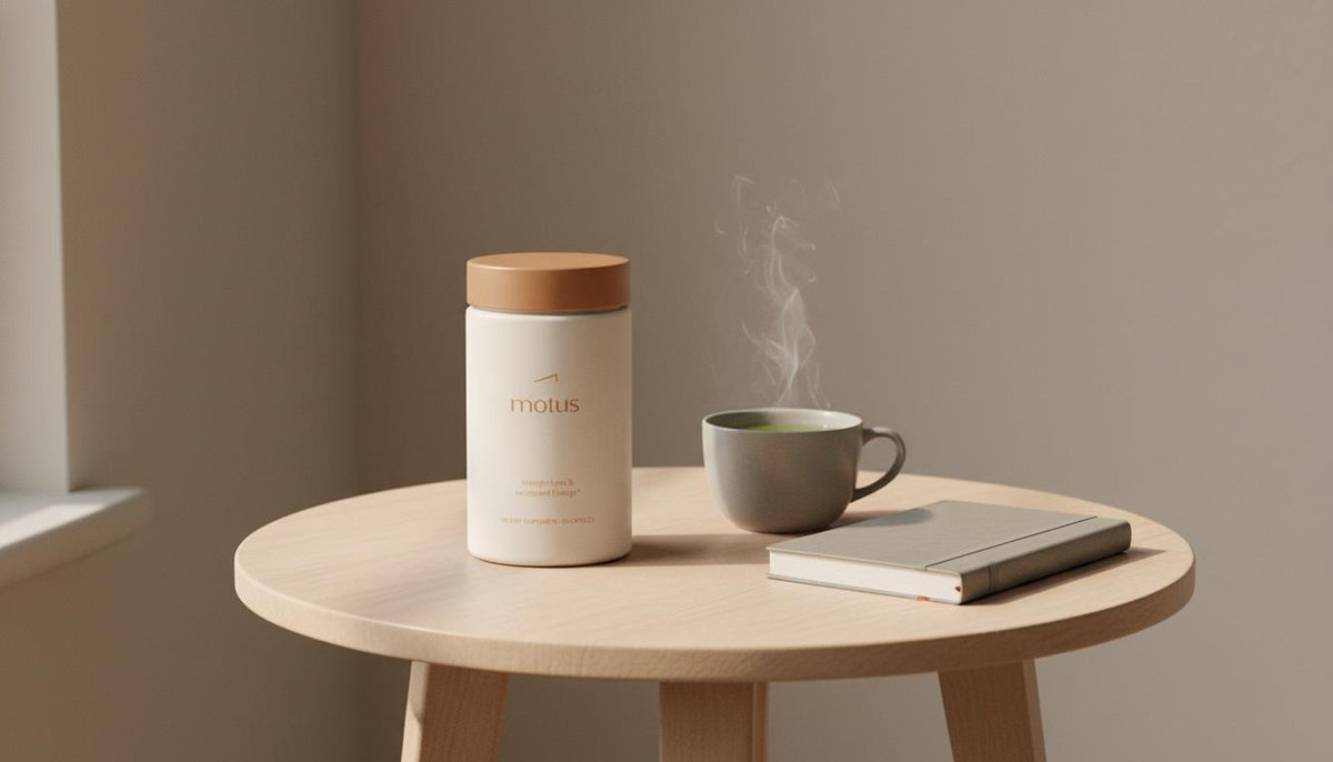 Minimalist still-life of Tonum Motus supplement container beside a steaming cup of green tea and closed journal on beige background, evoking l-theanine and oral metabolic support.