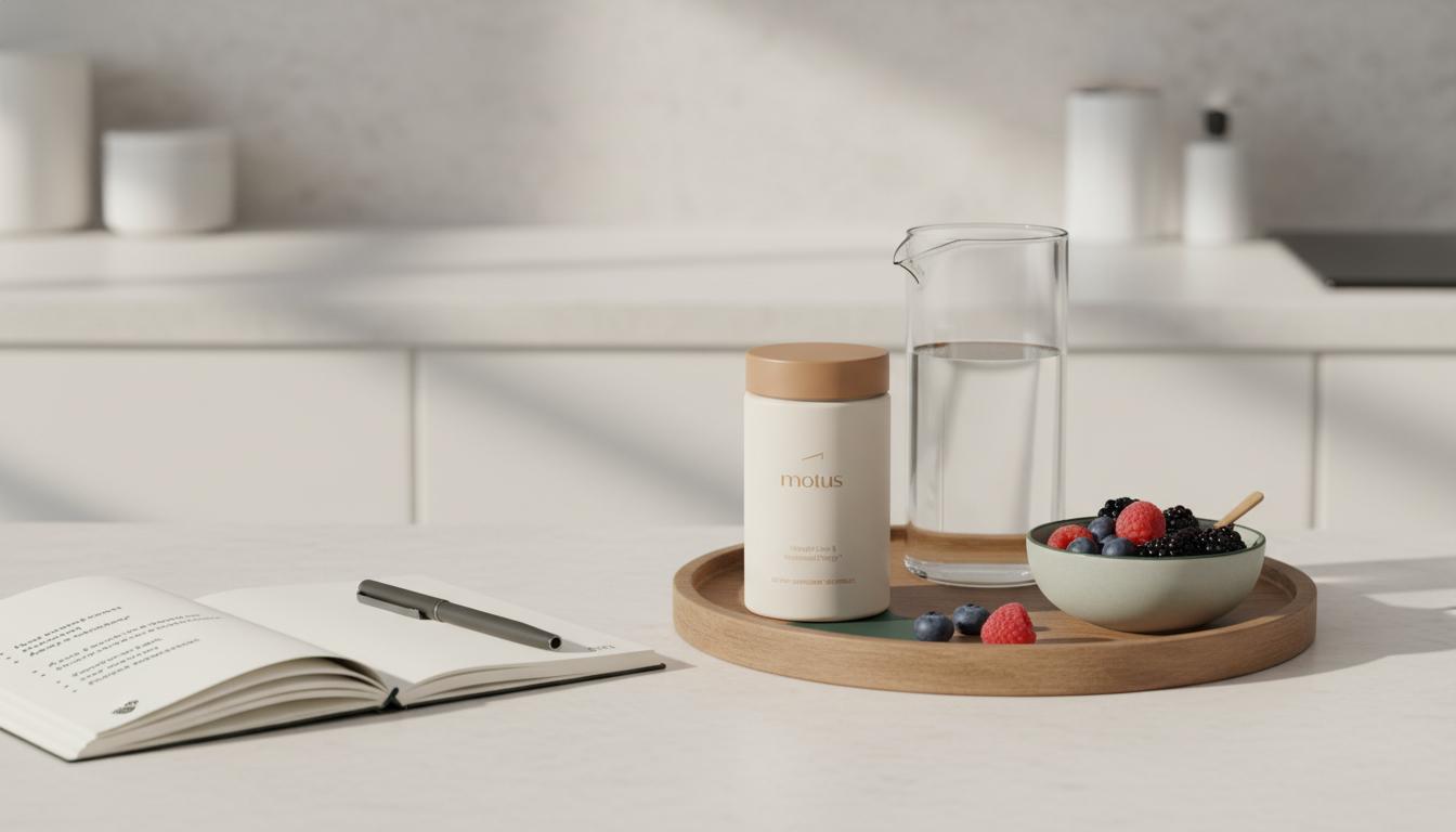 Minimal kitchen counter with Tonum Motus supplement on a wooden tray beside berries, water carafe and open notebook, emphasizing Lactobacillus gasseri wellness.
