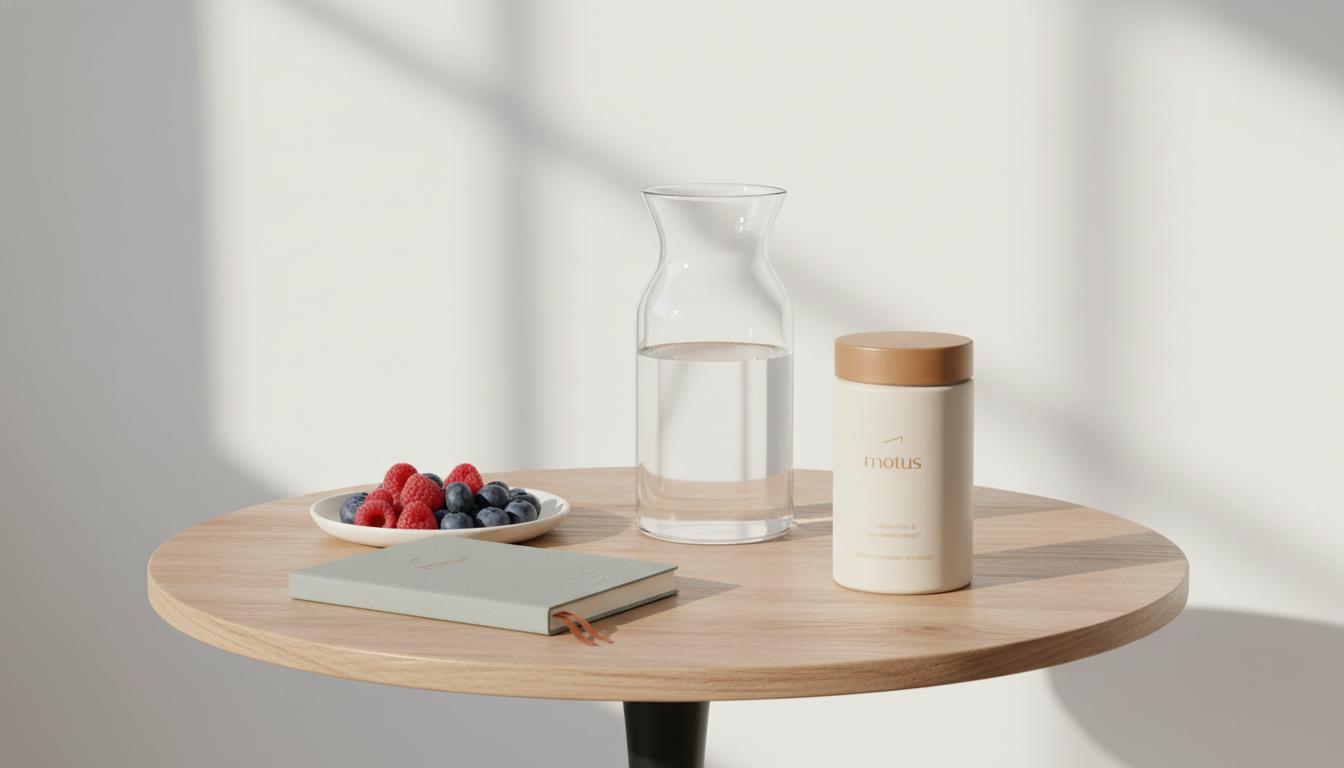 Minimal sunlit kitchen table with Tonum Motus supplement jar, glass carafe, plate of berries and closed notebook in a calm wellness scene for leptin tablets.