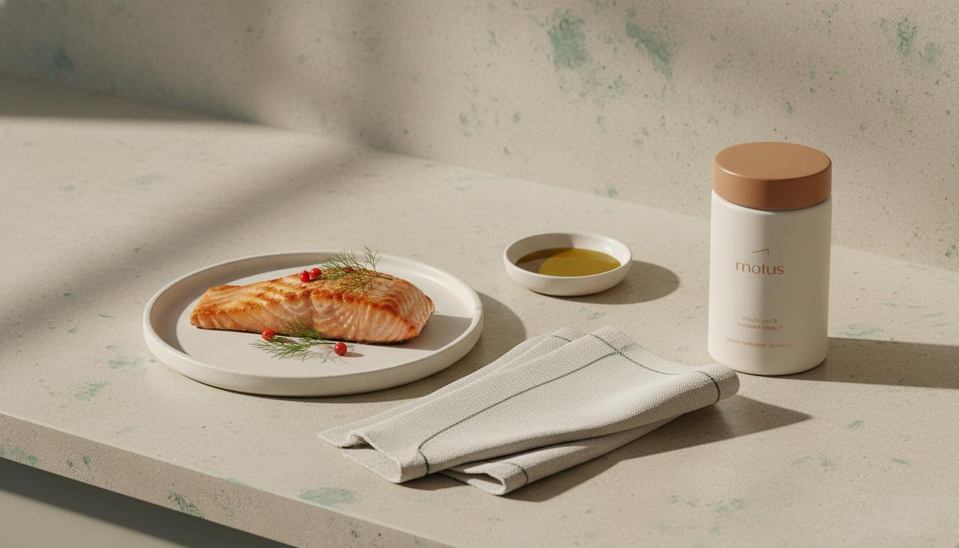 Minimalist still-life of grilled salmon on a neutral counter beside the Tonum Motus container from the reference photo, illustrating lipid digestion organs and nutrition-focused lifestyle.