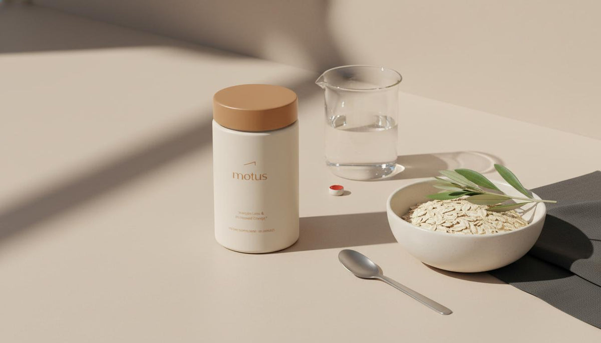 Minimalist lab-style photo of a Tonum Motus supplement container beside a bowl of oats and an olive leaf on a beige counter, evoking liver and cholesterol health.