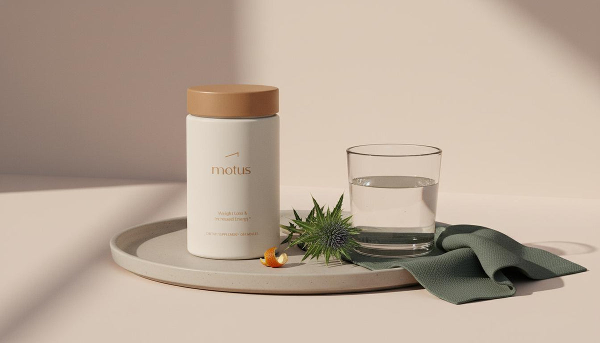 Tonum Motus container on a ceramic tray with a glass of water and milk thistle sprig on a pale Tonum background, soft daylight — liver cleanse side effects