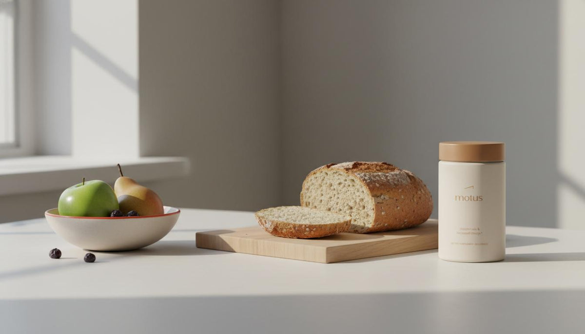 Minimalist kitchen counter with whole-grain loaf, bowl of fresh fruit and Tonum Motus supplement container, illustrating daily food choices to protect against liver damage.