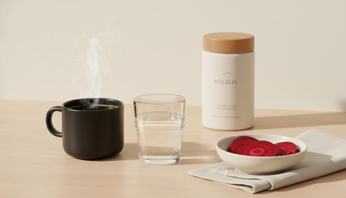 Minimal still-life of a coffee mug, glass of water, sliced beetroot and Tonum supplement container on a cream background, evoking liver detox drinks and clean nutrition.