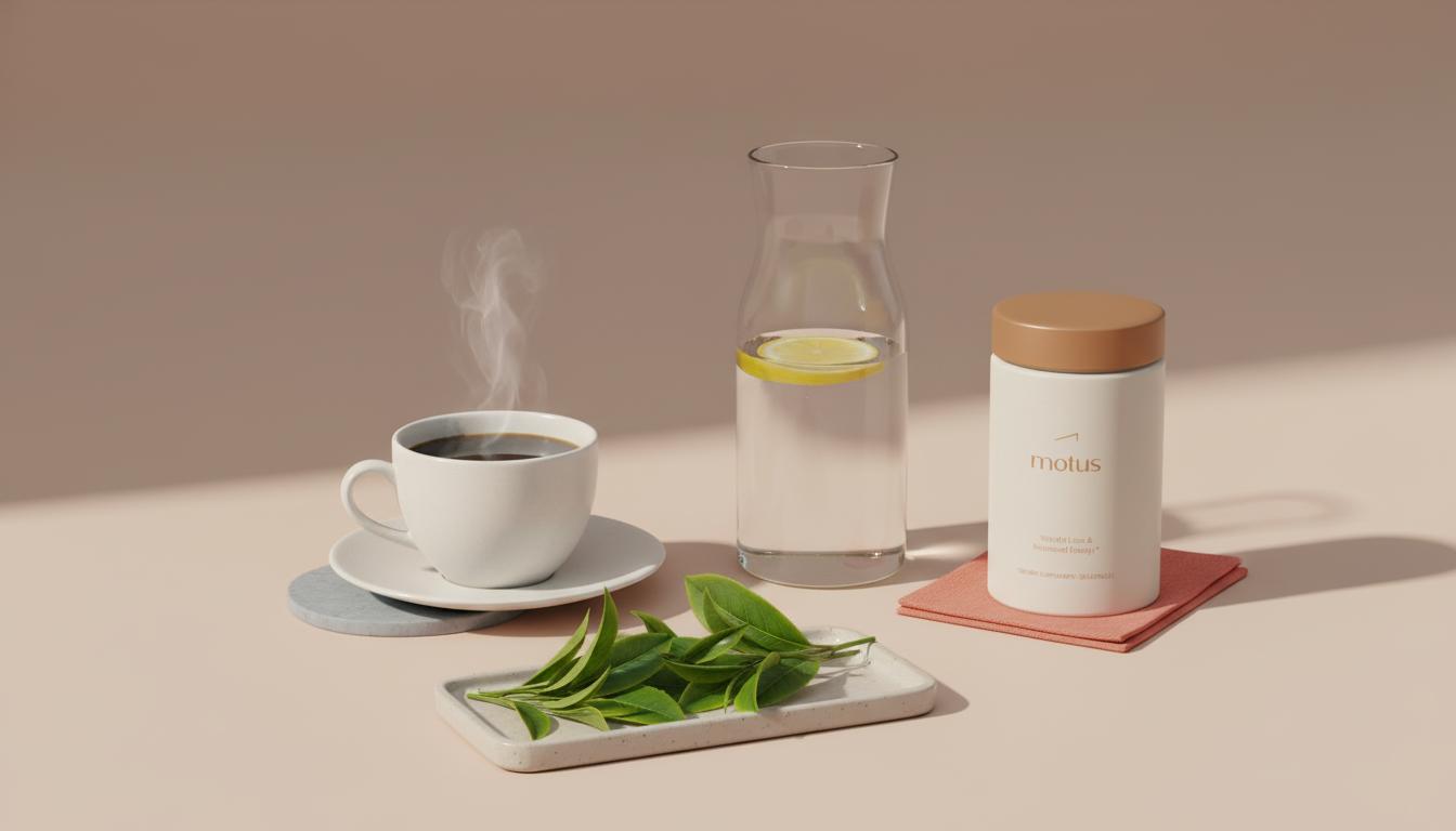 Minimalist still-life of a white cup of black coffee, glass carafe with lemon, green tea leaves on a tray and a Tonum Motus bottle on a #F2E5D5 background — liver detox drinks