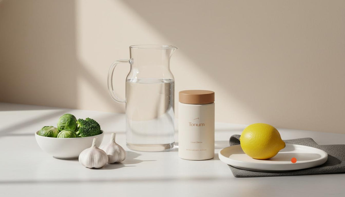 Minimal still-life of a kitchen counter with pitcher, bowl of cruciferous vegetables, garlic, lemon and Tonum supplement jar labeled liver detox in calm neutral Tonum tones