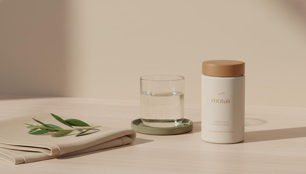 Minimalist still life with Tonum supplement container, glass of water, folded linen napkin and olive sprig on pale wood counter, evoking liver detox symptoms support