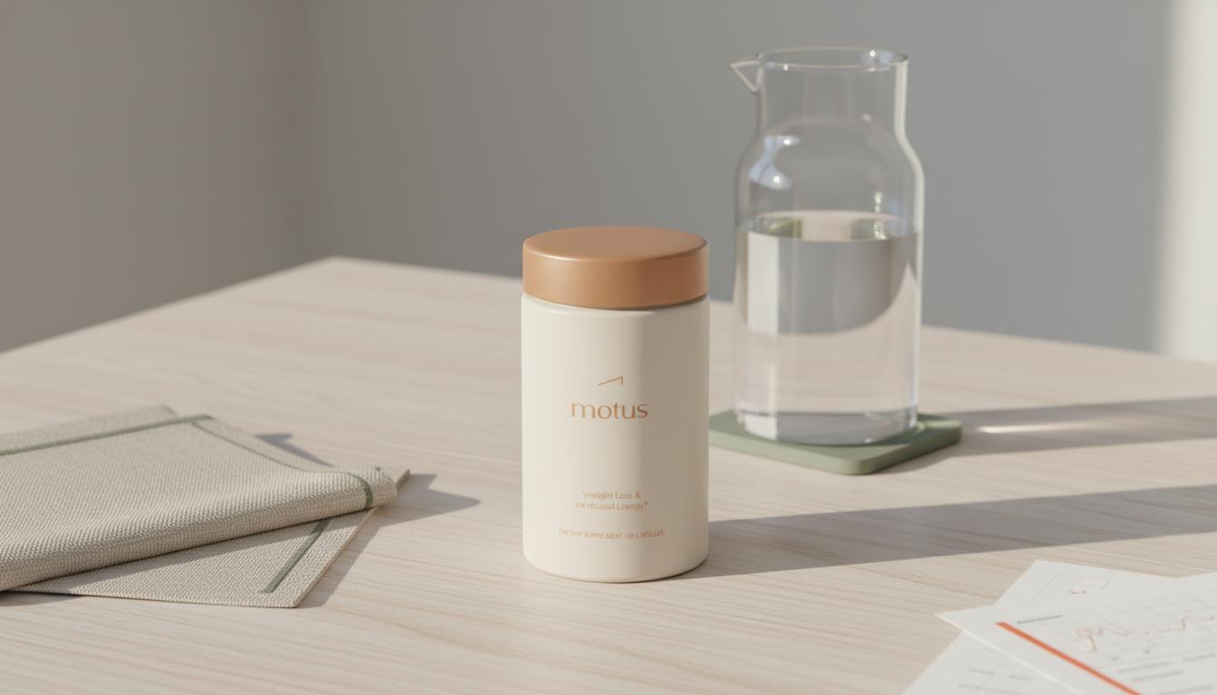 Minimalist clinical-lifestyle photograph of a Tonum Motus container on a wooden table with a glass carafe, linen napkin and medical printouts, calm evidence-led wellness for a liver detox timeline