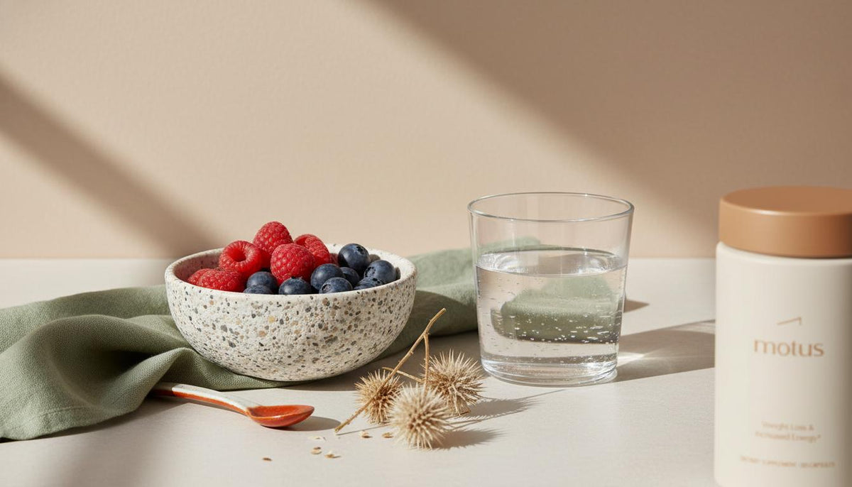 Minimalist kitchen counter with milk thistle pods, pebble bowl of berries, glass of water and Tonum supplement container at edge, illustrating liver detox vs liver cleanse