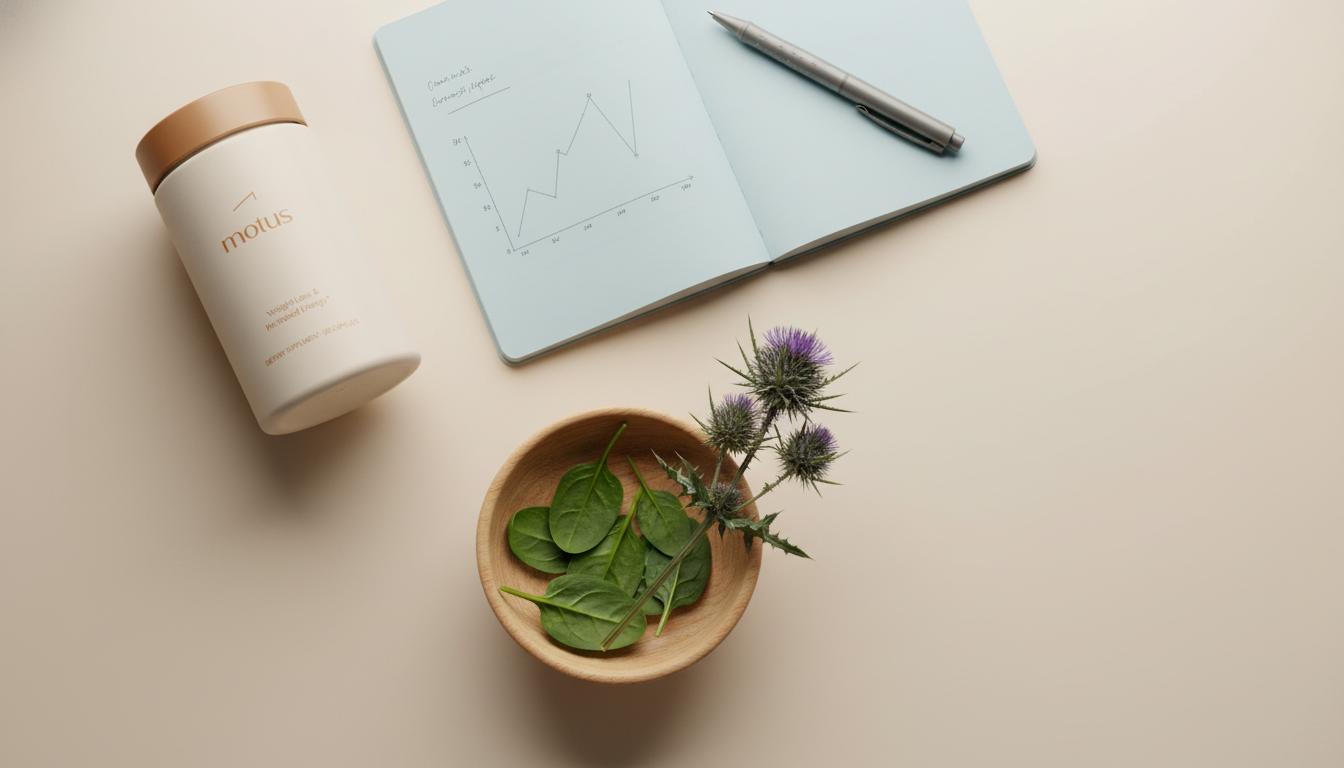 Minimalist flat-lay of a Tonum supplement jar beside an open notebook, pen and a wooden bowl with milk thistle leaves on a beige background, evoking liver detoxing