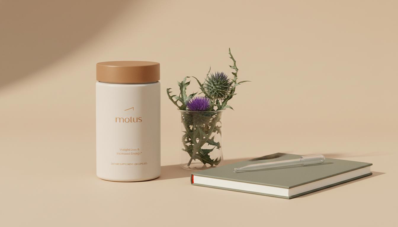 Minimalist still life of Tonum Motus supplement jar beside milk thistle in a glass beaker, lab notebook and pipette on beige background for liver detoxing