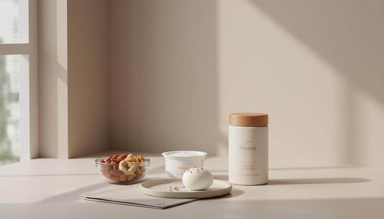 Minimalist kitchen counter with high-protein snacks, Greek yogurt, a peeled egg and a Tonum Motus supplement jar, evoking liver disease symptoms weight loss and healthy nutrition.